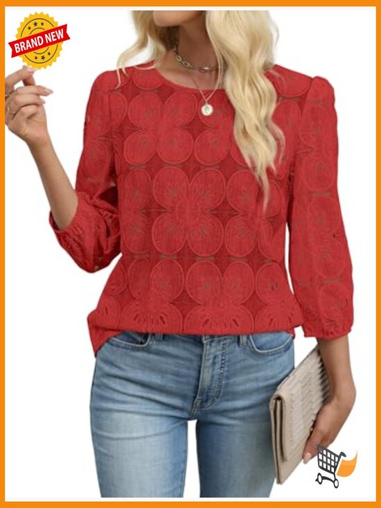 Eyelet Lace 3/4 Sleeve Peasant Top, Lightweight Blouse for Spring Summer - Picture 5 of 7